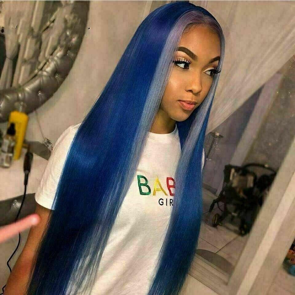 Luxury Remy Blue Streak 100 Human Hair Swiss 13x4 Lace Front Glueless Wig Colouful U Part or Full Lace Upgrade Available