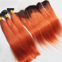 Load image into Gallery viewer, Luxury Brazilian Straight Orange Red #350 Dark Roots Hair Extensions + Frontal
