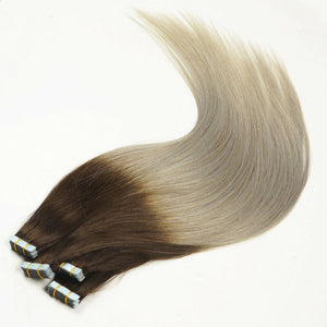 Luxury Tape In Human Hair Extensions #4 Brown/Icy Grey Ombre Straight 40pcs 100g