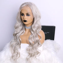 Load image into Gallery viewer, Luxury Remy Silver Grey Gray 100% Human Hair Swiss 13x4 Lace Front Glueless Wig Platinum Wavy Colouful U-Part or Full Lace Upgrade Available
