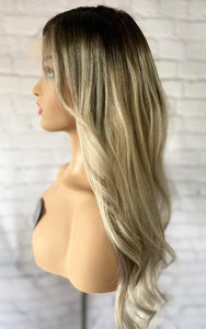 Luxury Cool Ash Blonde Balayage 100% Human Hair Swiss 13x4 Lace Front Glueless Wig Wavy U-Part, 360 or Full Lace Upgrade Available 2021