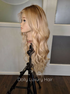 Luxury Light Golden Blonde Balayage Highlight 100% Human Hair Swiss 13x4 Lace Front Glueless Wig U-Part, 360 or Full Lace Upgrade Available