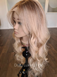 Luxury Light Golden Blonde Balayage Highlight 100% Human Hair Swiss 13x4 Lace Front Glueless Wig U-Part, 360 or Full Lace Upgrade Available