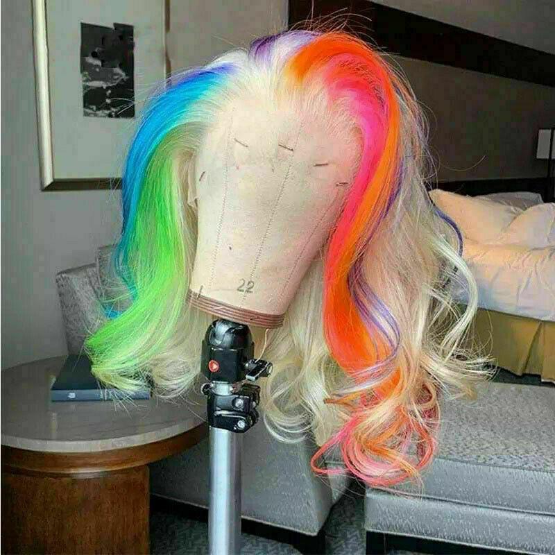 Blesswig/ READY TO Ship:rainbow Multicolored Pink Blue Long Lace Front Wig.  Rich Rare Human Hair Blend. Ear to Ear Lace Frontal.blesswig 