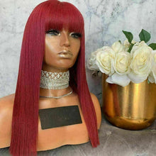 Load image into Gallery viewer, Luxury Red Burgundy Fringe Bangs 100% Human Hair Swiss 13x4 Lace Front Glueless Wig Colouful U-Part, 360 or Full Lace Upgrade Available
